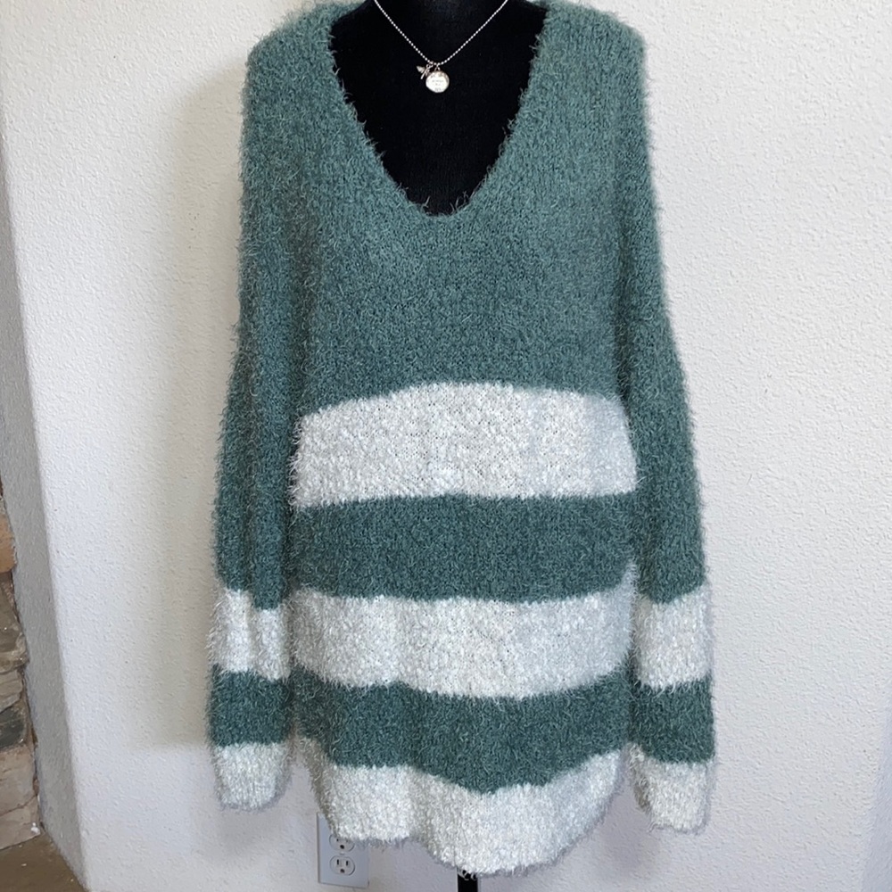 SO- Green and White Long Sleeve Fuzzy Sweater